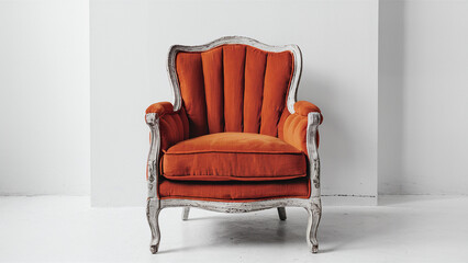 A timeless wooden chair adorned with bright orange cushions, against a clean white backdrop.
