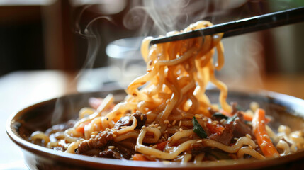 Capturing the essence of mongolian cuisine: close-up of steaming hot bowl of mongolian beef noodles being lifted with chopsticks