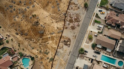 An overhead photo of a country border with poverty on one side the border and a wealthy neighborhood on the other side.