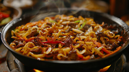 Authentic mongolian stir-fried noodles with savory beef, vibrant vegetables, and aromatic spices steaming in a rustic iron skillet