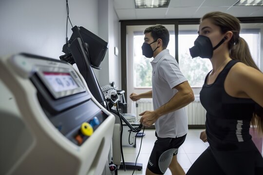 VO2max , A man and a woman, both wearing masks, exercising in a gym setting. - Powered by Adobe