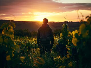Fototapeta premium A man standing in a field at sunset.
