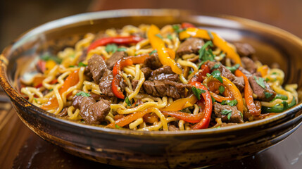 Savory mongolian beef stir-fry with colorful bell peppers and spring onions, served in a rustic bowl on a wooden background