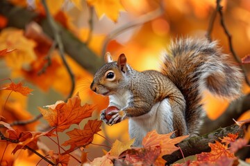 Naklejka na ściany i meble A squirrel perched on a tree branch, alert and watchful, A playful squirrel gathering acorns beneath a canopy of changing leaves