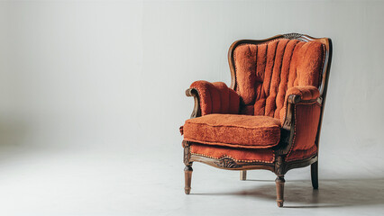 A retro-style wooden chair with inviting orange cushions, placed against a plain white backdrop.
