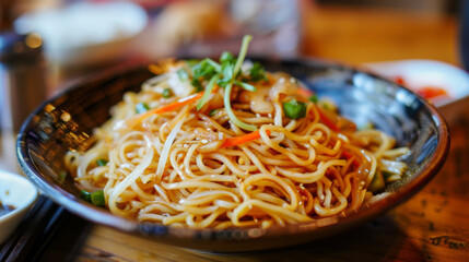 Delicious mongolian stir-fried noodles topped with sesame seeds and green onions, presented on a rustic wooden table