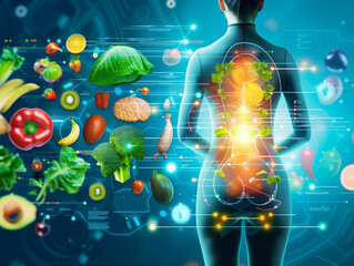 Digital diet infographic and steaming vegetables, on background of back of girl in tracksuit. Visualization of metabolism and fat burning.