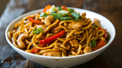 Mouthwatering mongolian stir-fried noodle bowl with chicken, red peppers, scallions, and cashews in a flavorful sauce