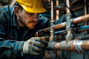 A man in a hard hat is seen soldering copper pipes in a construction setting, A plumber soldering copper pipes