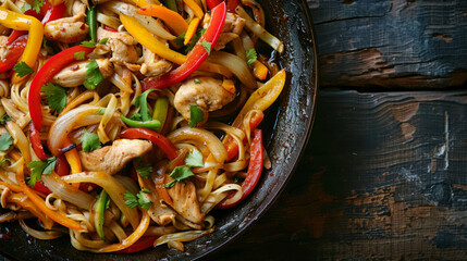 Authentic mongolian stir-fried noodles with succulent chicken, vibrant bell peppers, onions, and fresh herbs in a rustic pan