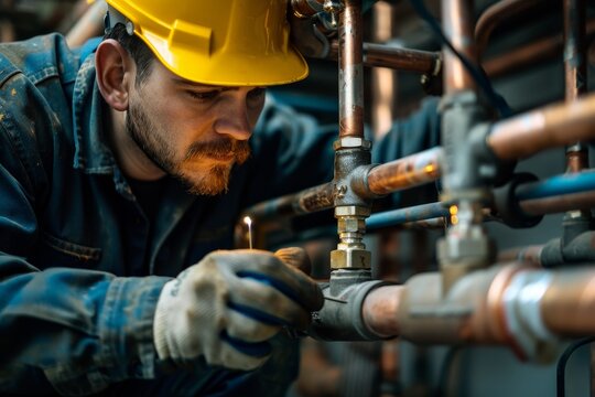 A man in a hard hat is seen soldering copper pipes in a construction setting, A plumber soldering copper pipes