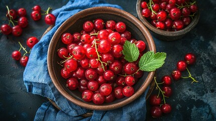   A close-up of a bowl of cherries on a tablecloth with two bowls of cherries - Powered by Adobe