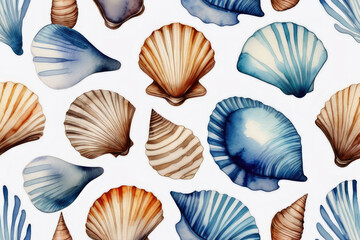 Beach seashells white background, in blue, ocher and gold colors in watercolor style.