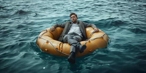 Businessman resting easy, drifting on an inflatable raft, depicting financial security.