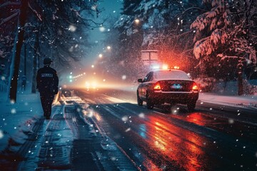 A police car drives down a snowy road to assist a stranded motorist, ensuring safety and security in winter conditions, A police officer assisting a stranded motorist