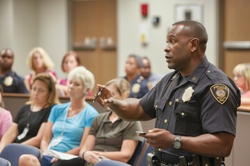 A police officer standing in front of a group of people during a community meeting, A police officer attending a community meeting to address concerns