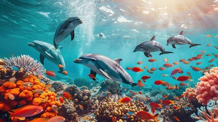 Underwater scene with dolphins and colorful coral reef full of red fish . Generative Ai