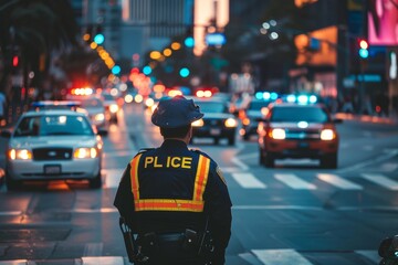 A police officer in uniform directs traffic on a bustling city street amidst a sea of vehicles, A police officer directing traffic at a busy intersection