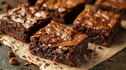   A stack of chocolate-chip-topped brownies rests on a sheet of parchment paper beside a mound of chocolate chips - Powered by Adobe