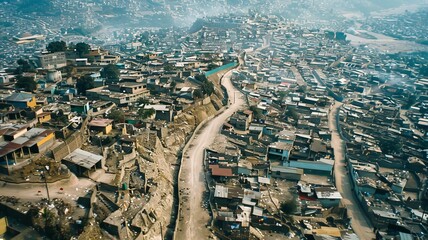 An overhead photo of a country border with poverty on one side the border and a wealthy...