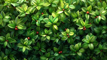   A close-up of lush green leaves adorned with vibrant red berries, positioned atop and below the foliage - Powered by Adobe