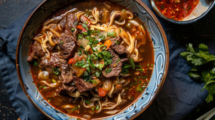 Hearty mongolian beef noodle soup with fresh herb garnish, bursting with rich flavors and traditional eastern cuisine vibes