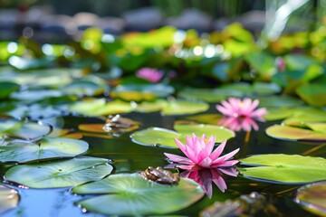 A pond teeming with numerous water lilies and frogs croaking, A pond filled with lily pads and frogs croaking