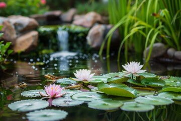 A pond with water lilies and a cascading waterfall surrounded by lush greenery, A pond filled with lily pads and frogs croaking