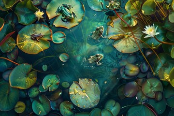 Painting featuring vibrant water lilies and lily pads on a pond with croaking frogs, A pond filled with lily pads and frogs croaking