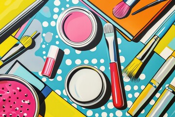 Pop art-inspired painting featuring a variety of colorful makeup items and beauty tools, A pop...