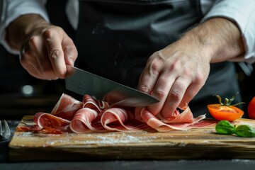 A chef skillfully cuts prosciutto with a knife on a wooden cutting board, A portrait of a chef expertly slicing prosciutto with a sharp knife