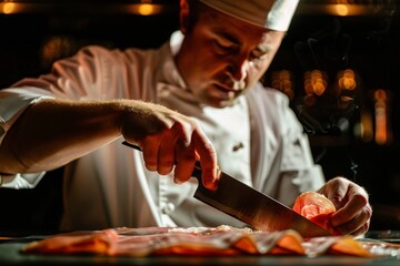 A man in a chefs hat skillfully chopping vegetables on a cutting board, A portrait of a chef expertly slicing prosciutto with a sharp knife - Powered by Adobe