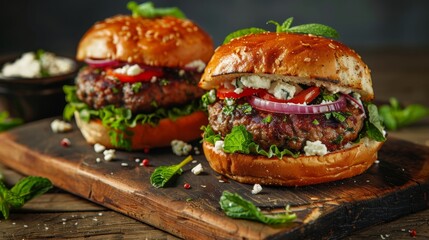 American cuisine. Lamb burgers stuffed with feta cheese and mint. 