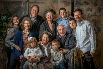 Large group of varied ages and backgrounds posing together for a portrait outdoors, A portrait of a multi-generational family posing happily for a photograph