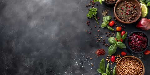 An aromatic arrangement of herbs and spices displayed beautifully against a dark metallic background