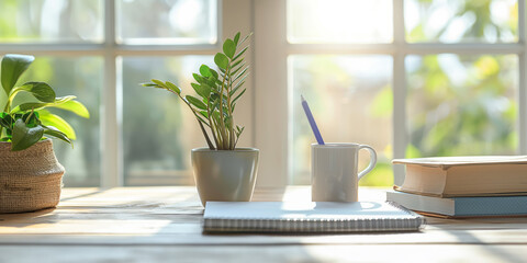 Bright and cozy workspace shot with a houseplant, mug, and notebook on a wooden table near a window