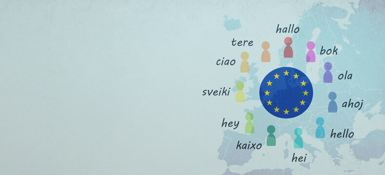 Languages and world map, word hello in different language spoken in Europe, concept of multilingual business and community, multilingualism in the EU