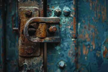 A close-up of a rusty metal latch on a textured blue door, showing signs of aging and decay