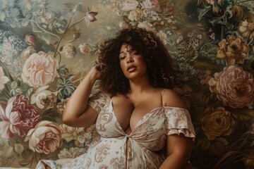 Fototapeta premium A woman sits on a bed against a backdrop of a floral wall, A portrait showcasing the beauty and strength of a curvaceous woman