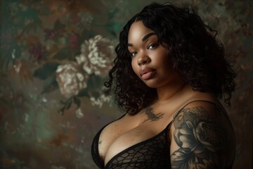 Portrait of a woman showing off a tattoo on her arm, highlighting her individuality and self-expression, A portrait showcasing the beauty and strength of a curvaceous woman