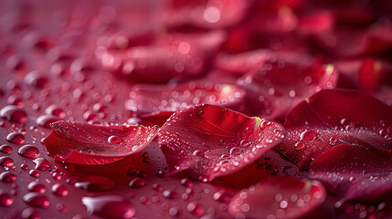 Red rose petals, dynamic water drops and falling leaves on a red background
