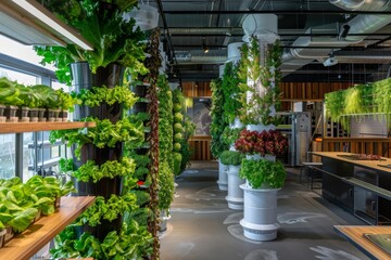 Indoor vertical farm with lush green plants growing in a modern space