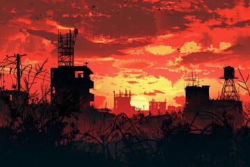 A painting depicting a sunset casting warm hues over a city skyline with silhouetted buildings, A...