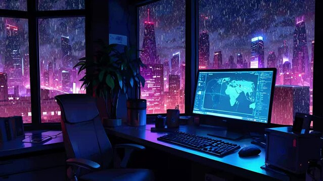 futuristic computer room at rain time lofi loop animation((4K Seamless Loop))