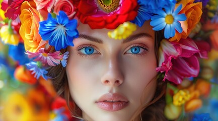 Naklejka premium A beautiful woman with blue eyes, wearing colorful flowers on her head.