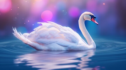 Fototapeta premium Elegant swan gliding on a lake with vibrant, colorful reflections in the background.