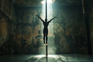 A gymnast showcases impressive balance, standing on a pole in a dark room, A powerful display of...