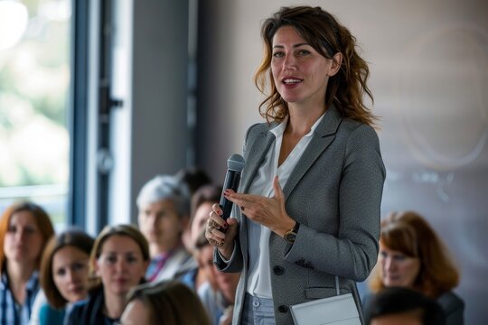 A woman confidently stands before a crowd, holding a microphone and delivering a persuasive presentation, A powerful businesswoman giving a persuasive presentation to a room full of colleagues