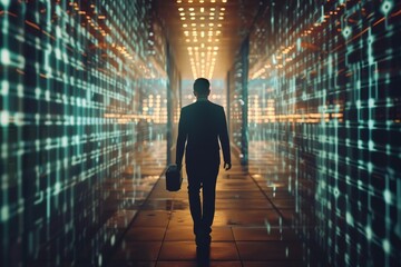 A man is walking through a tunnel of bright, colorful lights, A privacy advocate campaigning for stronger data protection laws