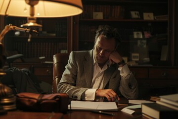 A man in professional attire sits at a desk with a book in front of him, deeply engaged in reading, A professional man sitting at a desk, deep in thought